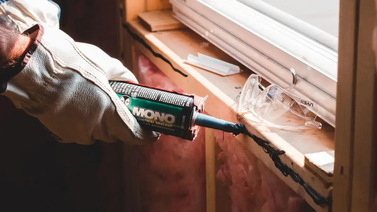 Gloved hands applying sealant along the seam of a window frame
