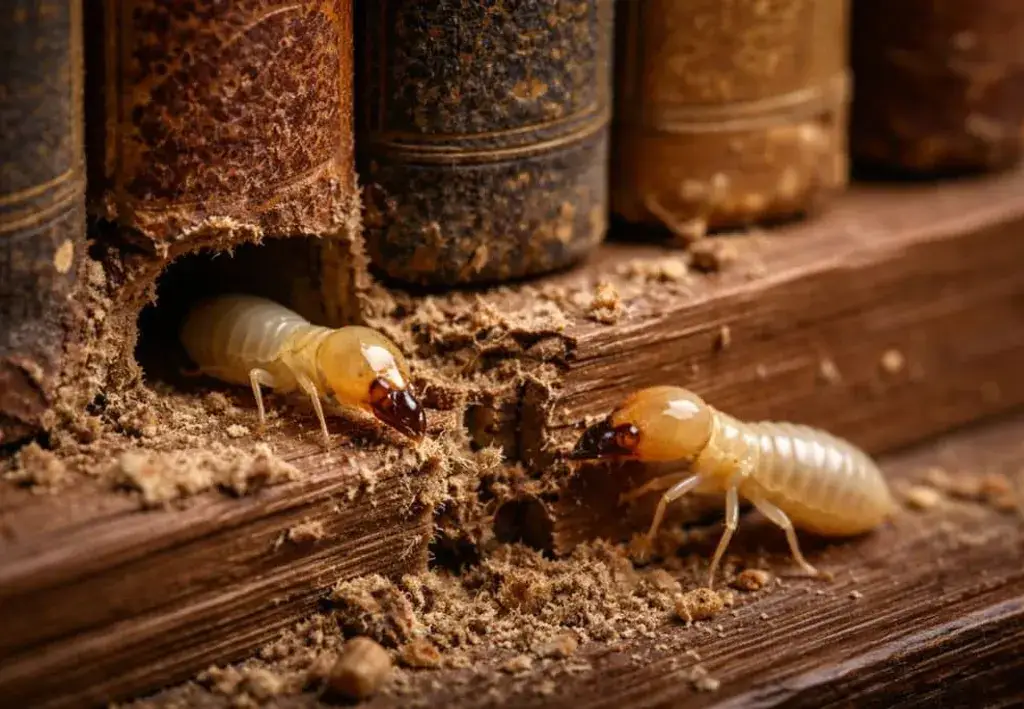 Two pale subterranean termites tunneling through a wooden shelf beneath old books